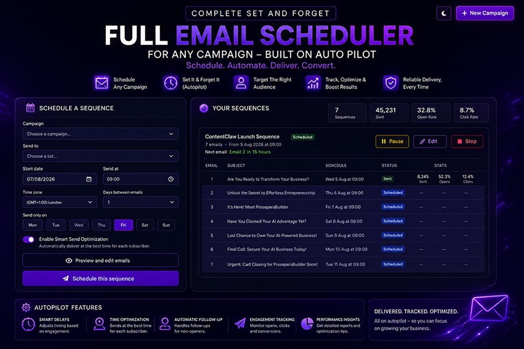 Full email scheduler with sequence stats and autopilot settings